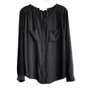LOFT Long Sleeve Button Down Blouse Pockets Dot Print Black White Size M